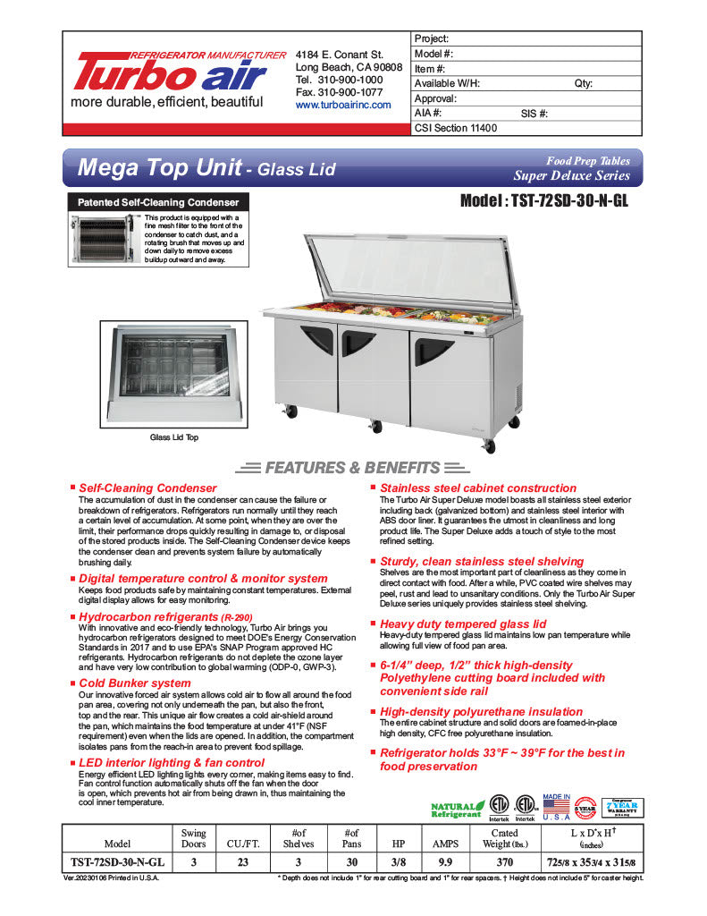 Turbo Air TST-72SD-30-N-GL 72" 3 Door Mega Top Hinged Glass Lid Refrigerated Sandwich Prep Table - Donut-Equipment.com