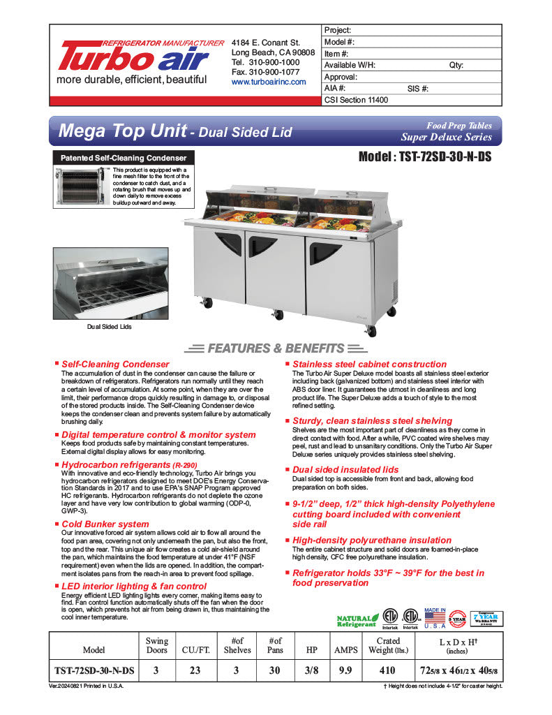 Turbo Air TST-72SD-30-N-DS 72" 3 Door Mega Top Dual Sided Refrigerated Sandwich Prep Table - Donut-Equipment.com