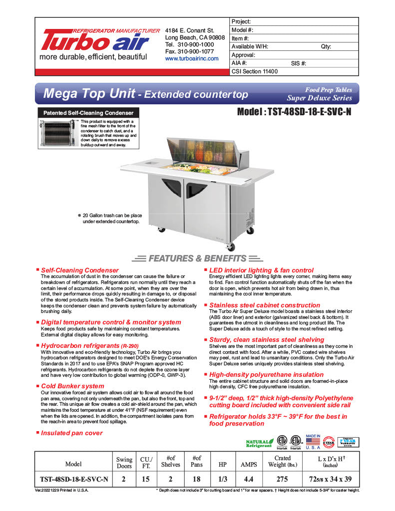 Turbo Air TST-48SD-18-E-SVC-N 72 5/8" Super Deluxe Mega Top Sandwich/Salad Prep Table w/ Refrigerated Base - Donut-Equipment.com