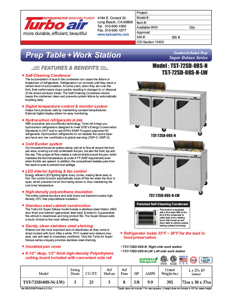 Turbo Air Super Deluxe TST-72SD-08S-N-LW 72" 3 Door Refrigerated Sandwich Prep Table with Left Work Station - Donut-Equipment.com
