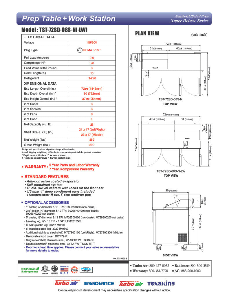 Turbo Air Super Deluxe TST-72SD-08S-N-LW 72" 3 Door Refrigerated Sandwich Prep Table with Left Work Station - Donut-Equipment.com
