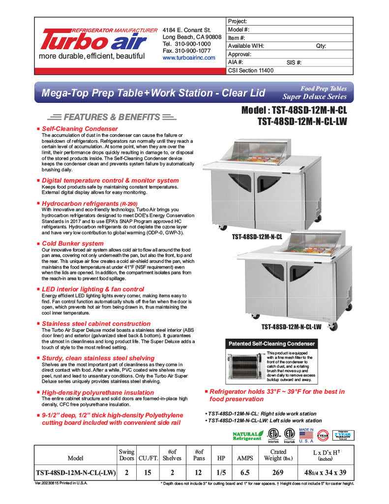 Turbo Air Super Deluxe TST-48SD-12M-N-CL 48" 2 Door Mega Top Refrigerated Sandwich Prep Table with Clear Lid - Donut-Equipment.com