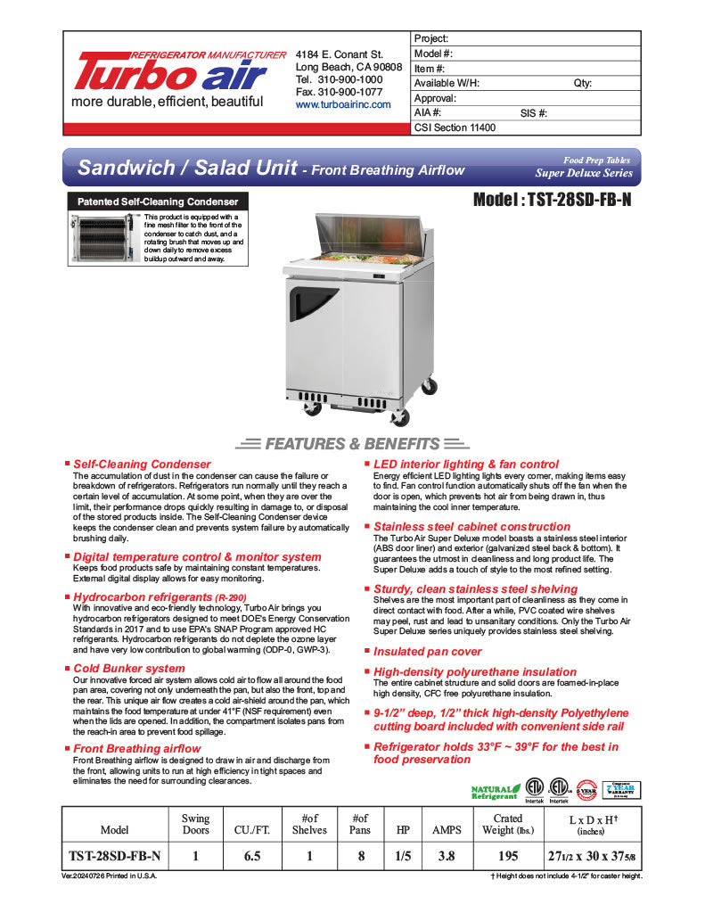 Turbo Air TST-28SD-FB-N 27 1/2" Super Deluxe Sandwich/Salad Prep Table - Donut-Equipment.com