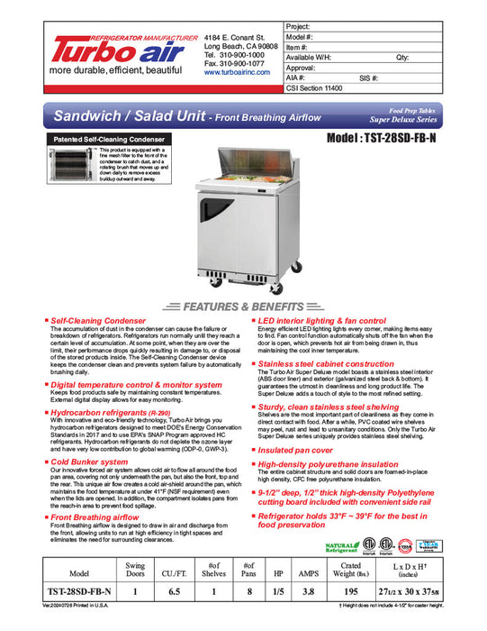 Turbo Air TST-28SD-FB-N 27 1/2" Super Deluxe Sandwich/Salad Prep Table - Donut-Equipment.com