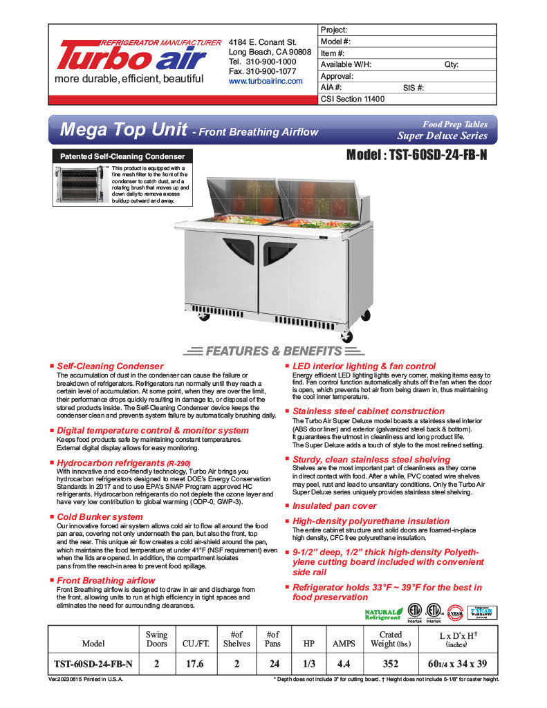 Turbo Air TST-60SD-24-FB-N 60 1/4" Super Deluxe Mega Top Sandwich/Salad Prep Table - Donut-Equipment.com