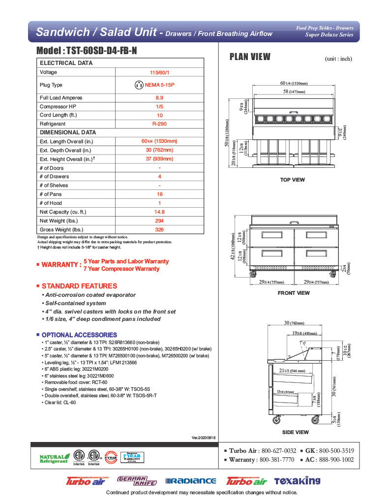 Turbo Air TST-60SD-24-D4-FB-N 60" 24 Pan Four Drawer Mega Top Sandwich/Salad Prep Table - Donut-Equipment.com