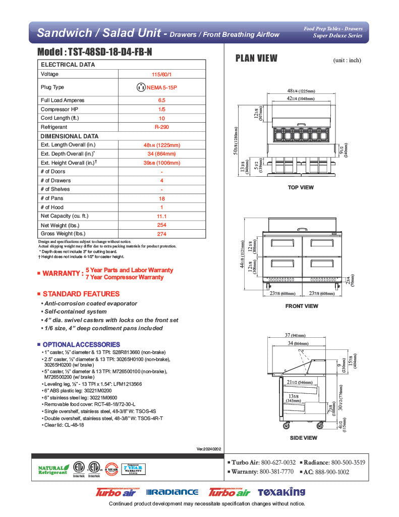 Turbo Air TST-48SD-18-D4-FB-N Super Deluxe 48" Mega Top Sandwich/Salad Prep Table with Four Drawers - Donut-Equipment.com