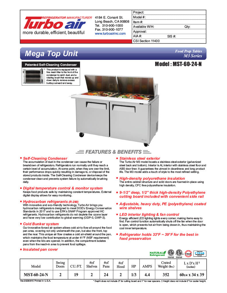 Turbo Air MST-60-24-N M3 Series 60" 2 Door Mega Top Stainless Steel Refrigerated Sandwich Prep Table - Donut-Equipment.com