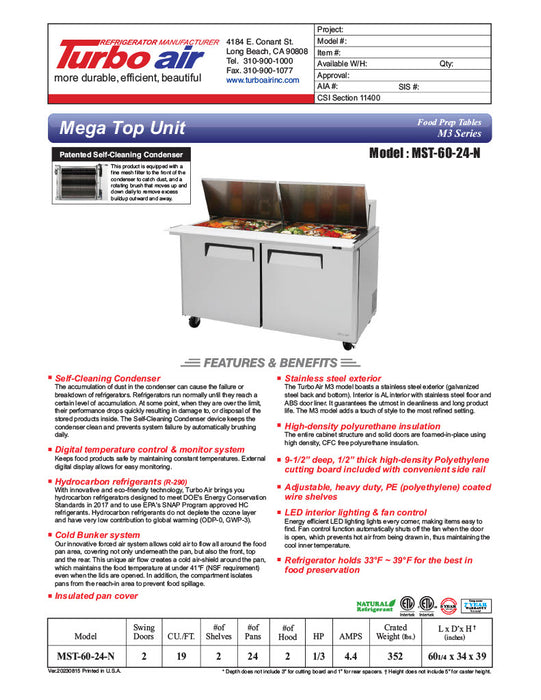 Turbo Air MST-60-24-N M3 Series 60" 2 Door Mega Top Stainless Steel Refrigerated Sandwich Prep Table - Donut-Equipment.com