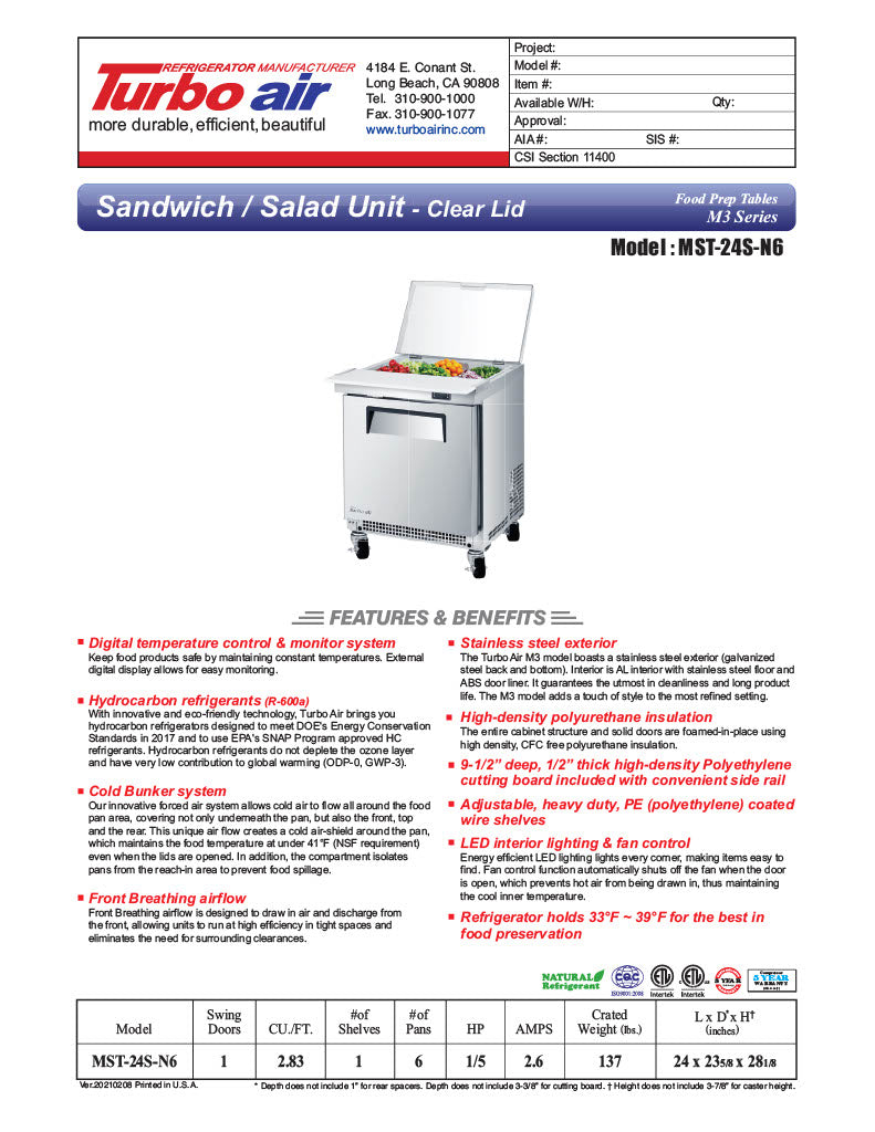 Turbo Air M3 Series MST-24S-N6 24" 1 Door Refrigerated Salad Prep Table with Clear Lid - Donut-Equipment.com