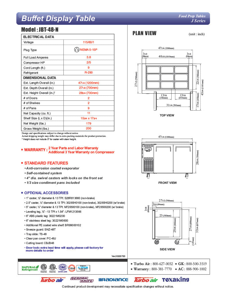 Turbo Air JBT-48-N 47" Stainless Steel Refrigerated Buffet Display Table - Donut-Equipment.com