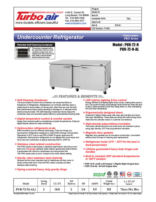 Turbo Air PUR-72-N 72 5/8" W Undercounter Refrigerator w/ 2 Sections & 2 Doors - Donut-Equipment.com