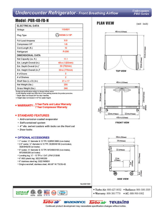 Turbo Air PUR-48-FB-N 48 1/4" W Undercounter Refrigerator w/ (2) Section & (2) Doors, Front Breathing - Donut-Equipment.com