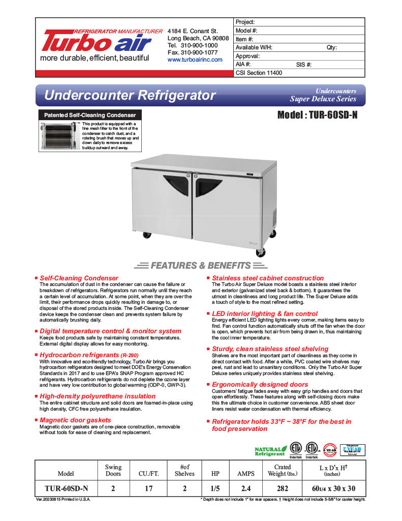 Turbo Air TUR-60SD-N 60 1/4" W Undercounter Refrigerator w/ 2 Section & 2 Doors - Donut-Equipment.com