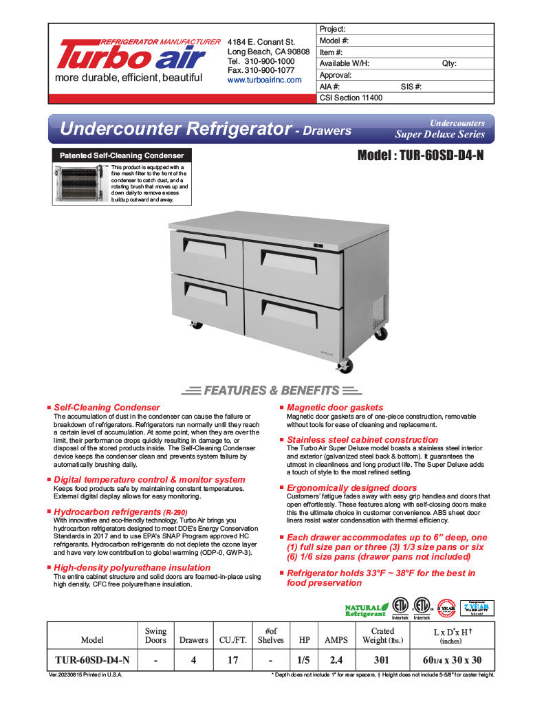 Turbo Air TUR-60SD-D4-N 60 1/4" W Undercounter Refrigerator w/ 2 Sections & 4 Drawers - Donut-Equipment.com