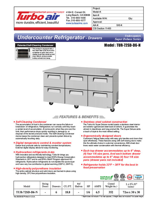 Turbo Air TUR-72SD-D6-N 72 1/4" W Undercounter Refrigerator w/ 2 Sections & 6 Drawers - Donut-Equipment.com