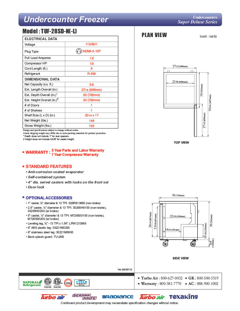Turbo Air TUF-28SD-N 27 1/2" W Undercounter Freezer w/ (1) Section & (1) Door - Donut-Equipment.com