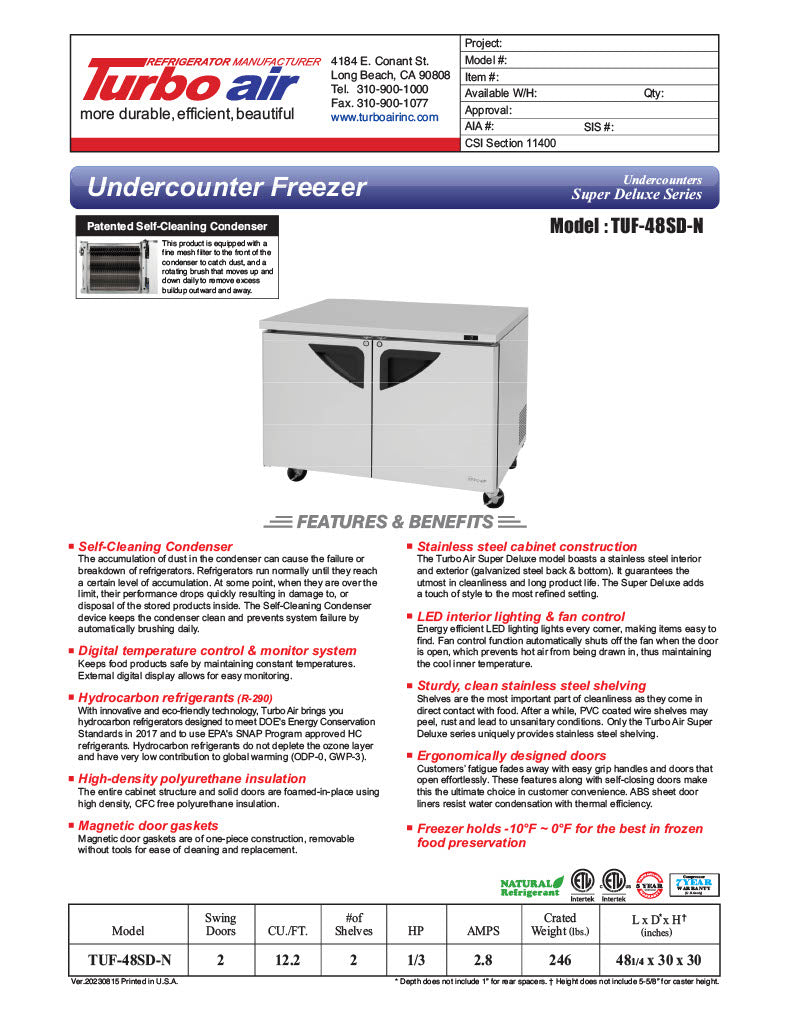 Turbo Air TUF-48SD-N 48 1/4" W Undercounter Freezer w/ 2 Sections & 2 Doors - Donut-Equipment.com