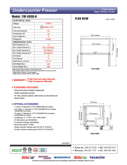 Turbo Air TUF-60SD-N 60 1/4" W Undercounter Freezer w/ 2 Sections & 2 Doors - Donut-Equipment.com