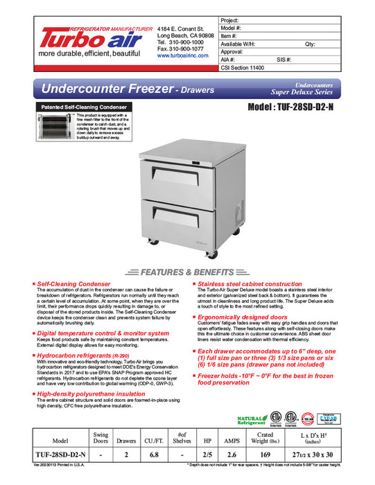 Turbo Air TUF-28SD-D2-N 27 1/2" W Undercounter Freezer w/ 1 Section & 2 Drawers - Donut-Equipment.com