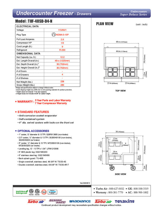 Turbo Air TUF-48SD-D4-N 48 1/4" W Undercounter Freezer w/ 2 Sections & 4 Drawers - Donut-Equipment.com