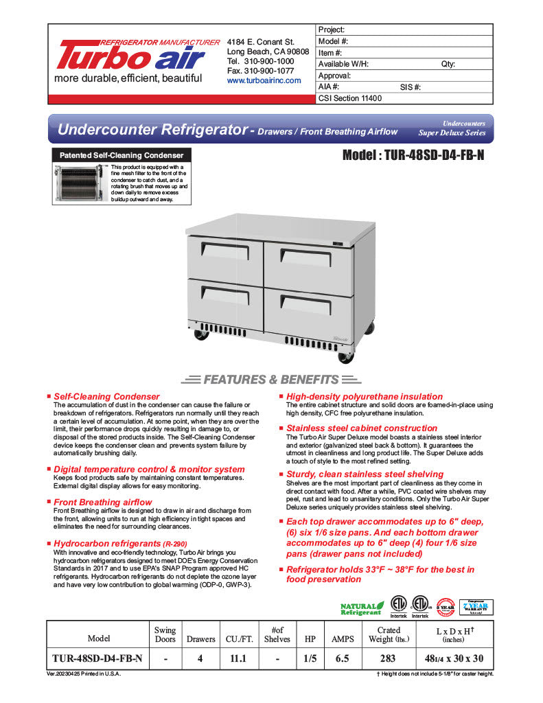 Turbo Air TUR-48SD-D4-FB-N 48 1/4" W Undercounter Refrigerator w/ 2 Sections, 4 Drawers & Front Breathing - Donut-Equipment.com