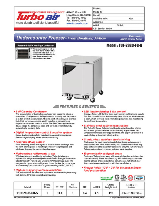 Turbo Air TUF-28SD-FB-N 27 1/2" W Undercounter Freezer w/ 1 Section, Solid Door & Front Breathing - Donut-Equipment.com