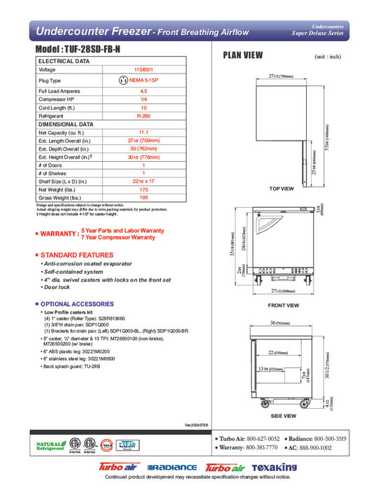 Turbo Air TUF-28SD-FB-N 27 1/2" W Undercounter Freezer w/ 1 Section, Solid Door & Front Breathing - Donut-Equipment.com