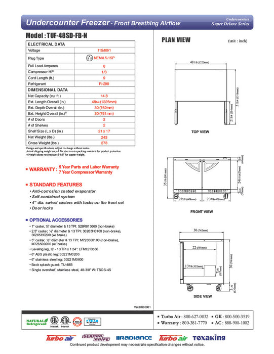 Turbo Air TUF-48SD-FB-N 48 1/4" W Undercounter Freezer w/ 2 Sections, Solid Doors & Front Breathing - Donut-Equipment.com