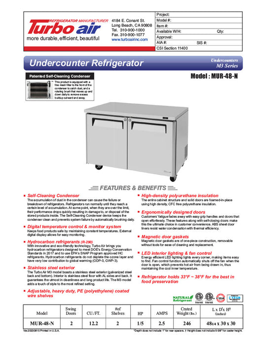 Turbo Air MUR-48-N 48 1/4" W Undercounter Refrigerator w/ 2 Sections & 2 Solid Doors - Donut-Equipment.com