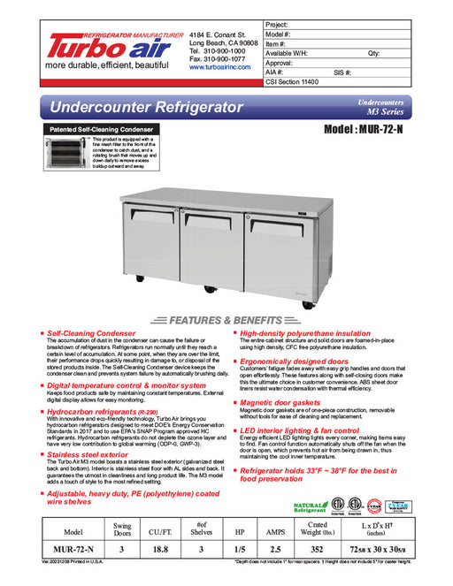 Turbo Air MUR-72-N 72 1/4" W Undercounter Refrigerator w/ 3 Sections & 3 Solid Doors - Donut-Equipment.com