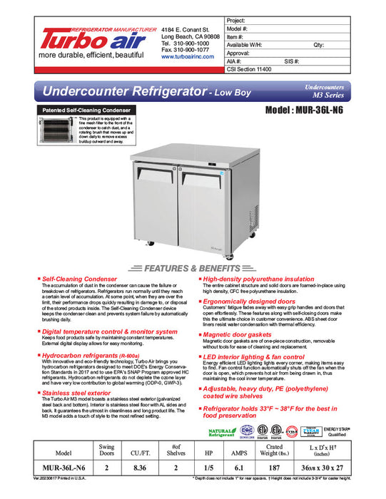 Turbo Air MUR-36L-N6 36 1/4" W Undercounter Refrigerator w/ 1 Section, 2 Solid Doors - Donut-Equipment.com