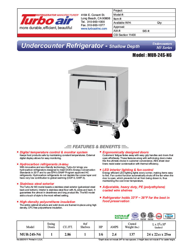 Turbo Air MUR-24S-N6 M3 Series 24" Shallow Depth Undercounter Refrigerator w/ 1 Section & Solid Door - Donut-Equipment.com