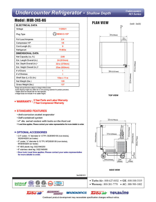 Turbo Air MUR-24S-N6 M3 Series 24" Shallow Depth Undercounter Refrigerator w/ 1 Section & Solid Door - Donut-Equipment.com