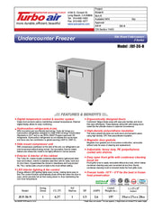 Turbo Air JUF-36-N J Series 36" Solid Door Undercounter Freezer w/ 1 Section & Side Mounted Compressor - Donut-Equipment.com