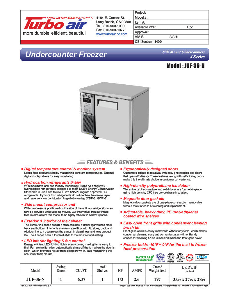 Turbo Air JUF-36-N J Series 36" Solid Door Undercounter Freezer w/ 1 Section & Side Mounted Compressor - Donut-Equipment.com