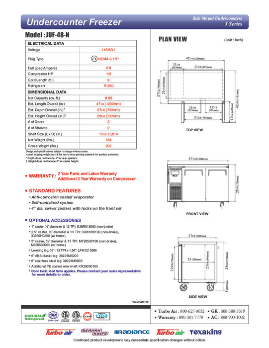 Turbo Air JUF-48-N J Series 48" Solid Door Undercounter Freezer w/ 2 Sections & Side Mounted Compressor - Donut-Equipment.com