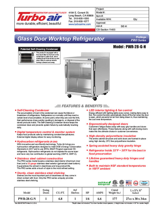 Turbo Air PWR-28-G-N 27 1/2" Worktop Refrigerator w/ (1) Section, 1 Glass Door - Donut-Equipment.com