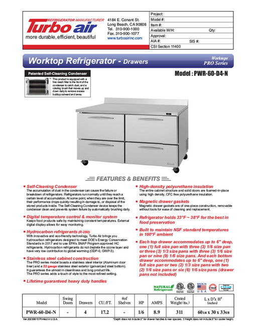 Turbo Air PWR-60-D4-N 60 1/4" Worktop Refrigerator w/ 2 Sections, 4 Drawers - Donut-Equipment.com