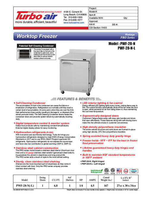 Turbo Air PWF-28-N 27 1/2" Worktop Freezer w/ 1 Section, 1 Solid Door - Donut-Equipment.com