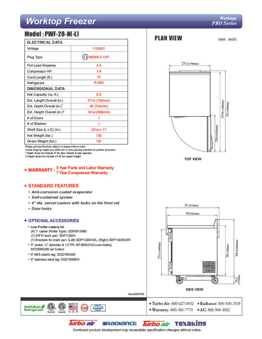 Turbo Air PWF-28-N 27 1/2" Worktop Freezer w/ 1 Section, 1 Solid Door - Donut-Equipment.com