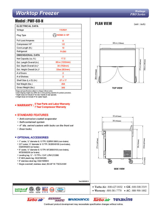Turbo Air PWF-60-N 60 1/4" Worktop Freezer w/ (2) Sections, 2 Solid Doors - Donut-Equipment.com