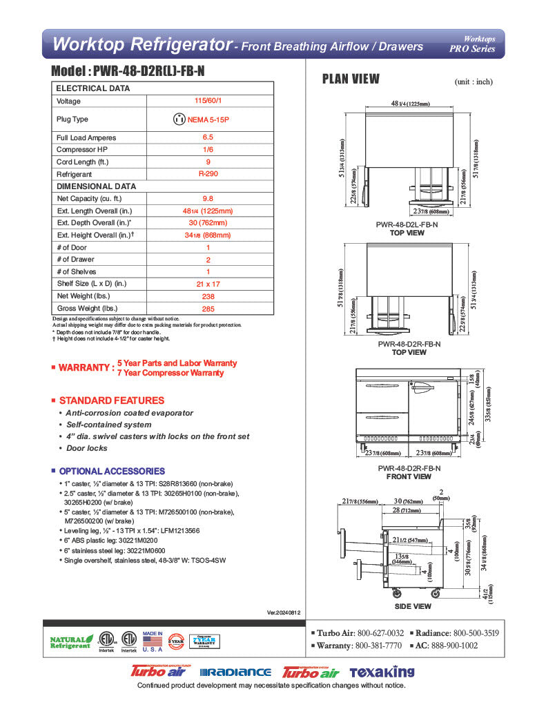 Turbo Air PWR-48-D2R(L)-FB-N 48 1/4" Worktop Refrigerator w/ (2) Sections, 2 Drawers & 1 Solid Door, Front Breathing - Donut-Equipment.com
