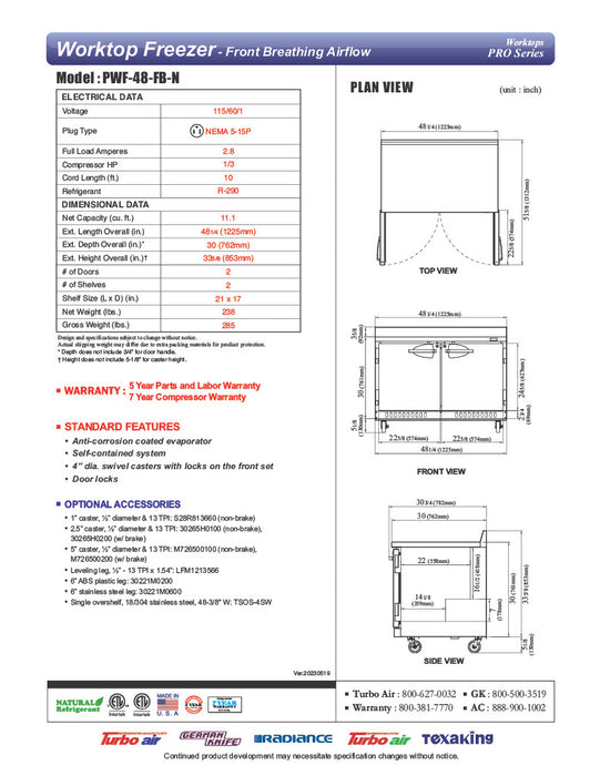 Turbo Air PWF-48-FB-N 48 1/4"W Worktop Freezer w/ (2) Sections & 2 Doors - Donut-Equipment.com