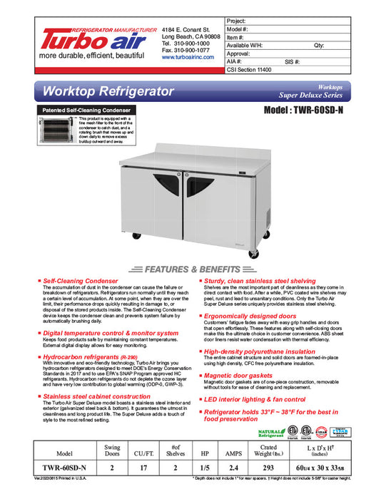 Turbo Air TWR-60SD-N 60 1/4" Super Deluxe Worktop Refrigerator w/ (2) Sections, 2 Solid Doors - Donut-Equipment.com
