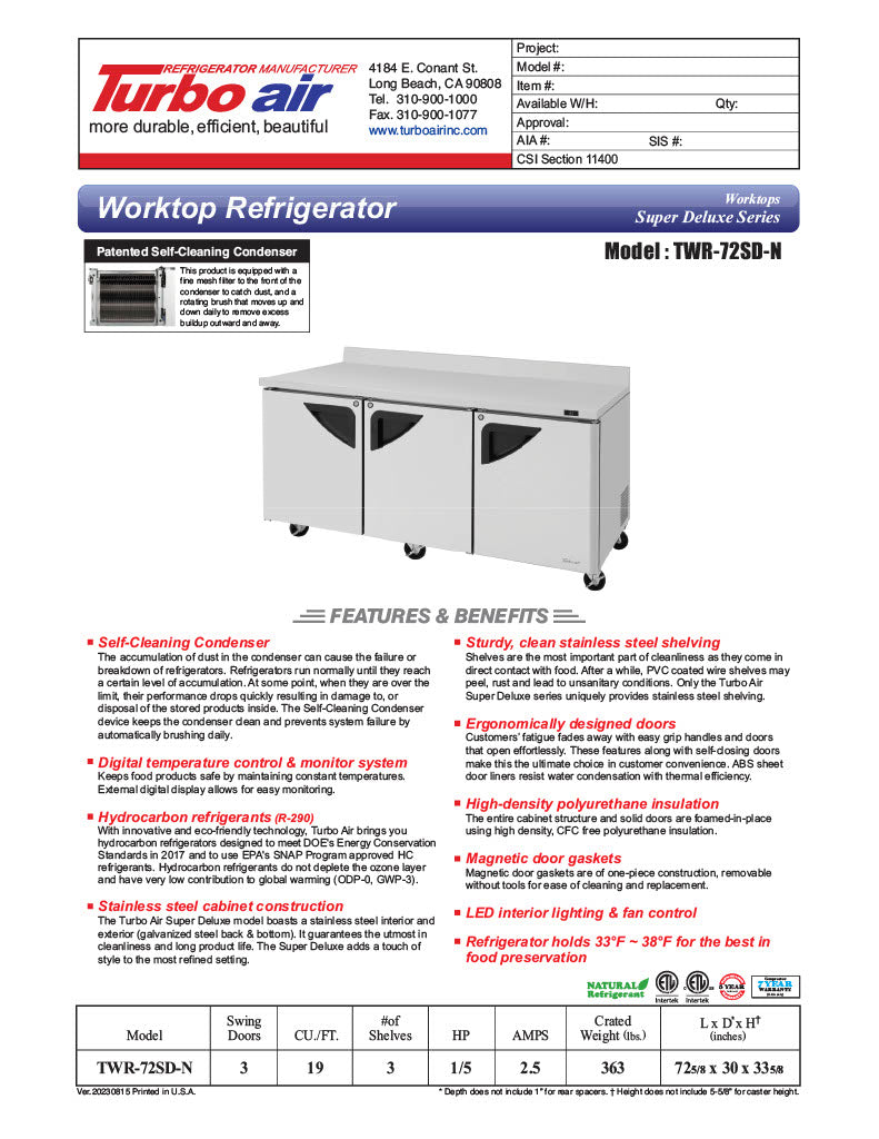 Turbo Air TWR-72SD-N 72 5/8" Super Deluxe Worktop Refrigerator w/ (3) Sections, 3 Solid Doors - Donut-Equipment.com
