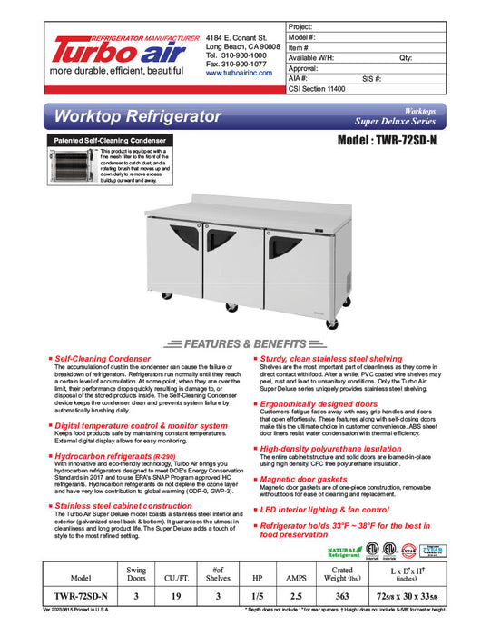 Turbo Air TWR-72SD-N 72 5/8" Super Deluxe Worktop Refrigerator w/ (3) Sections, 3 Solid Doors - Donut-Equipment.com