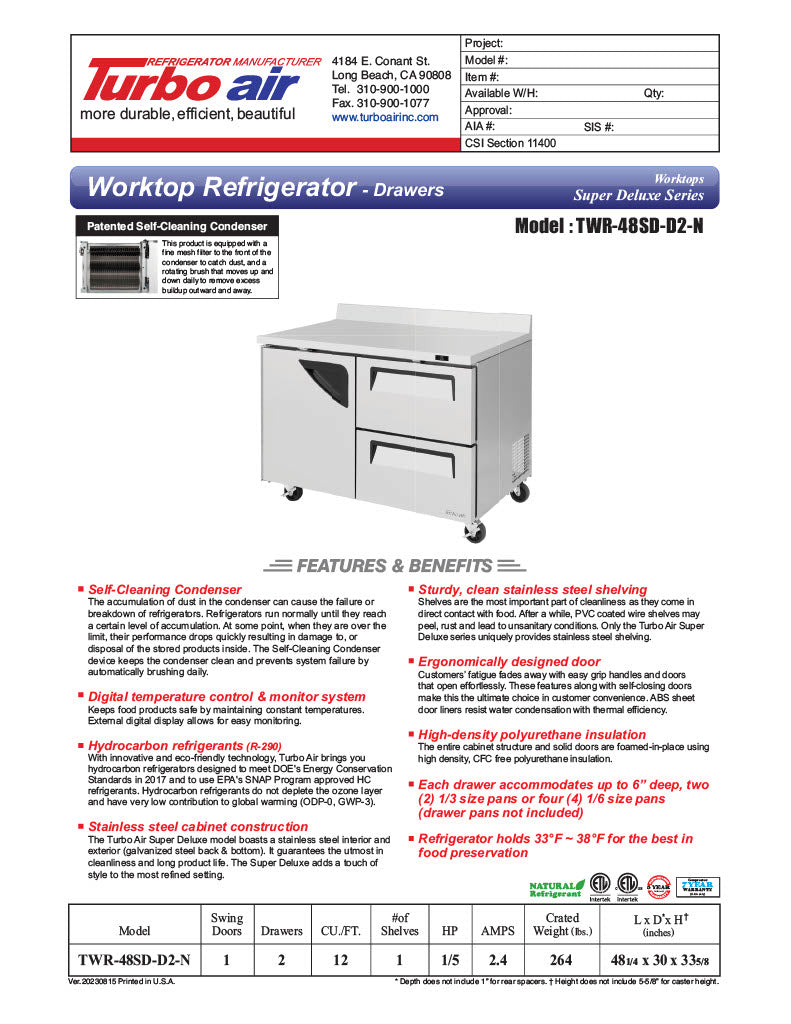 Turbo Air TWR-48SD-D2-N 48 1/4" Super Deluxe Worktop Refrigerator w/ (2) Sections, 2 Drawers & 1 Solid Door - Donut-Equipment.com