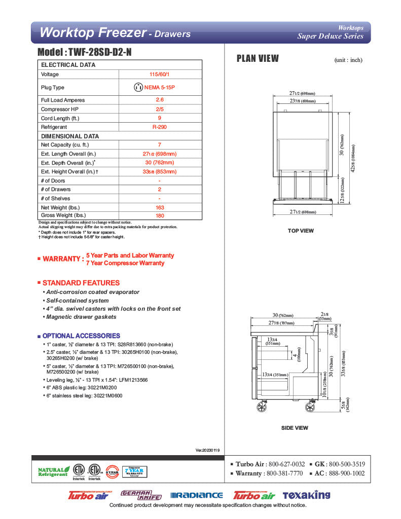 Turbo Air TWF-28SD-D2-N 27 1/2" Super Deluxe Worktop Freezer w/ (1) Section, 2 Drawers - Donut-Equipment.com