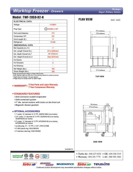 Turbo Air TWF-28SD-D2-N 27 1/2" Super Deluxe Worktop Freezer w/ (1) Section, 2 Drawers - Donut-Equipment.com